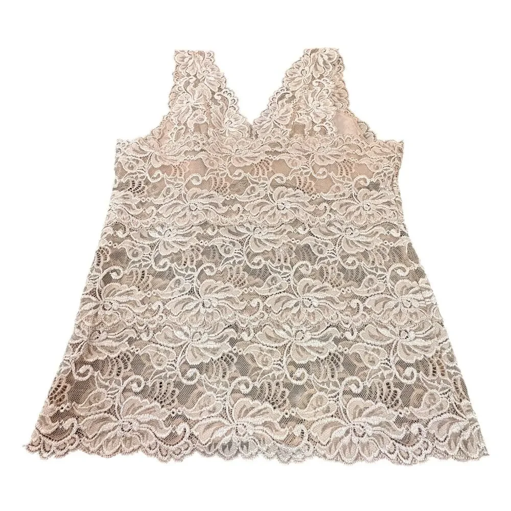 Vintage Womens XL Beige Neutral Cream Lace Semi-Sheer V Neck Tank Top Cami - Picture 2 of 9